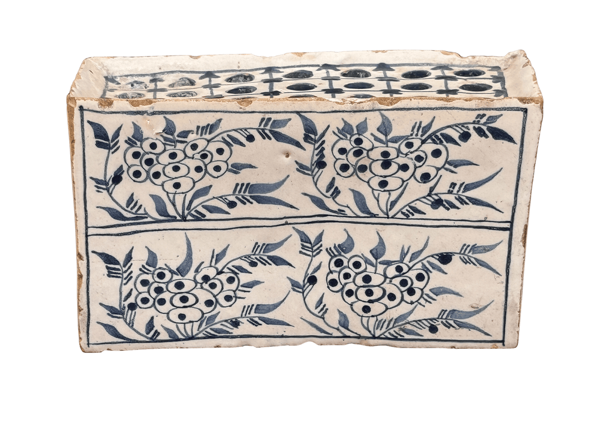 English Delft Flower brick, &quot;strawberry&quot; pattern, c. 1760 - Helen Storey Antiques