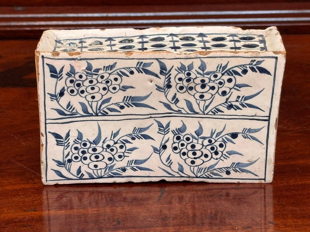 English Delft Flower brick, &quot;strawberry&quot; pattern, c. 1760 - Helen Storey Antiques