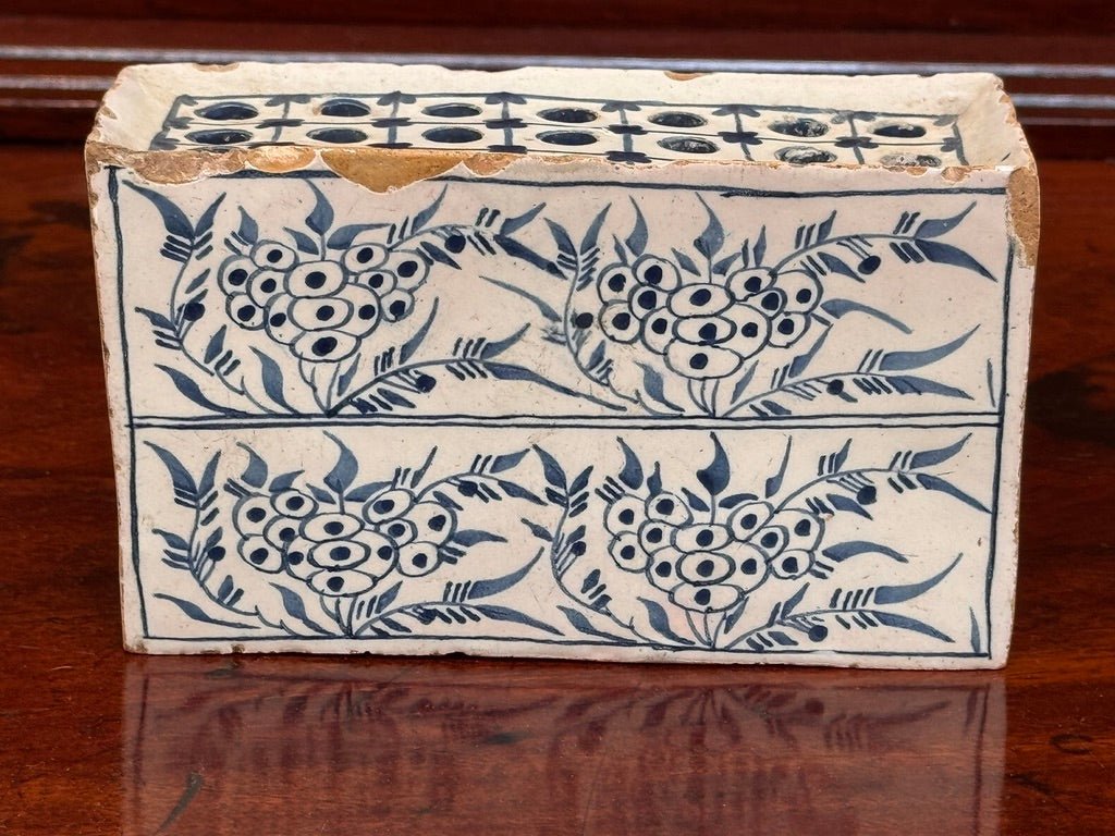 English Delft Flower brick, &quot;strawberry&quot; pattern, c. 1760 - Helen Storey Antiques