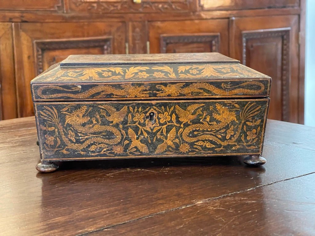 ENGLISH Regency PENWORK DOUBLE - HANDLED JEWELRY BOX - Chinoiserie - Helen Storey Antiques