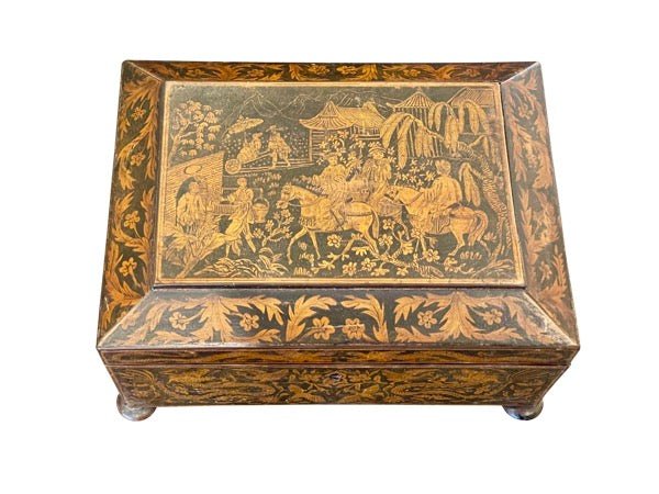 ENGLISH Regency PENWORK DOUBLE - HANDLED JEWELRY BOX - Chinoiserie - Helen Storey Antiques