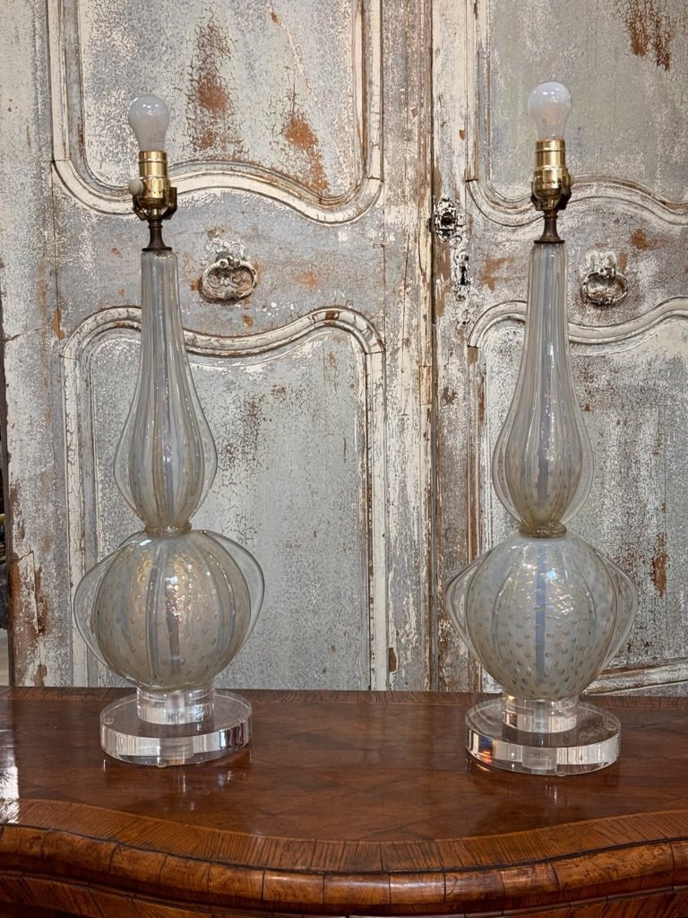 Exceptional Pair White Murano Glass lamps - Helen Storey Antiques