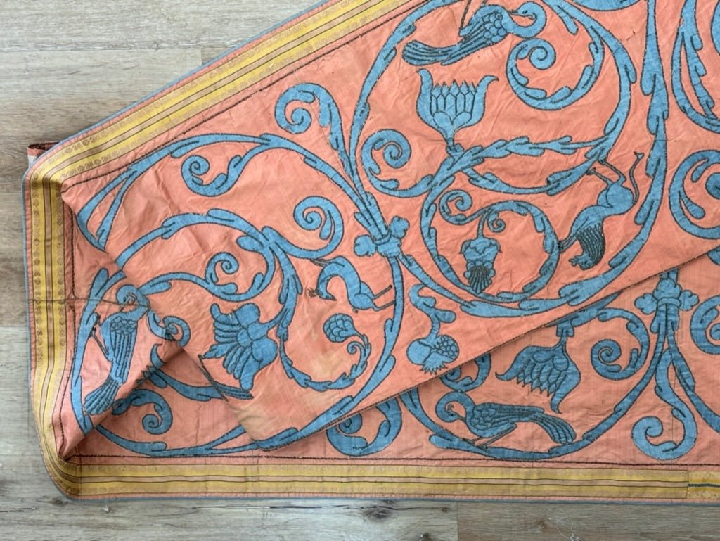 Extraordinary 18th Century Silk Panel - salmon pink and pale blue - Helen Storey Antiques