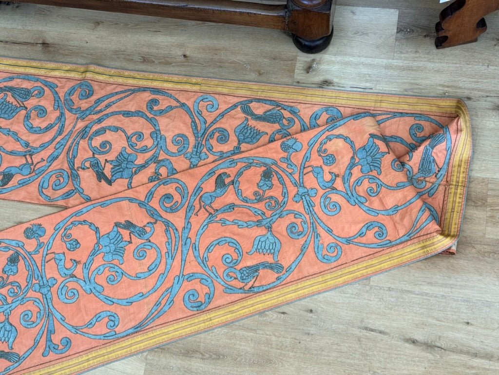 Extraordinary 18th Century Silk Panel - salmon pink and pale blue - Helen Storey Antiques