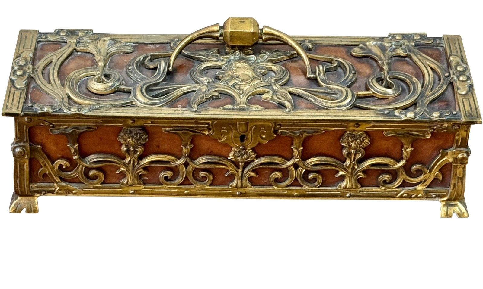 Fine Art Nouveau Bronze and Leather Glove Box, c. 1890