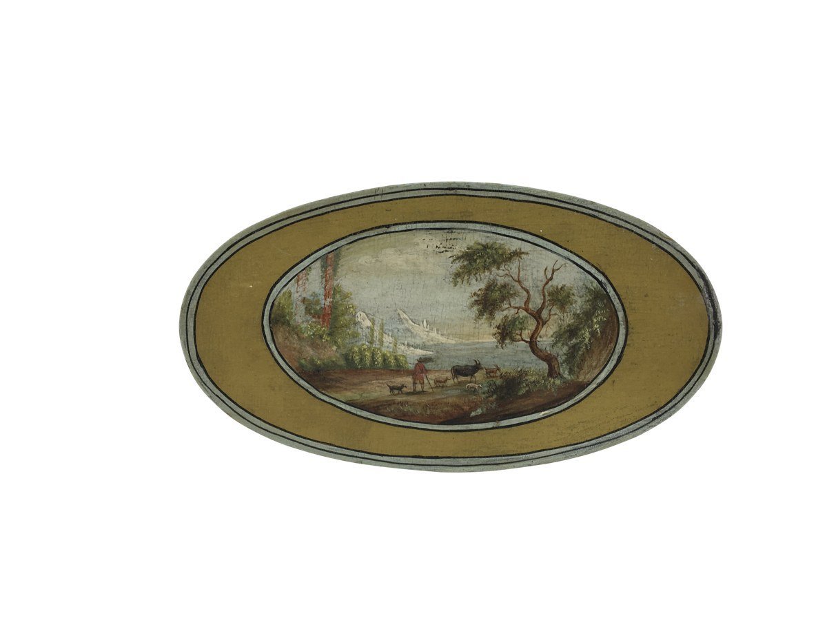 Fine Oval Teacaddy Polychrome, Hand - Painted Landscape c. 1750 - Helen Storey Antiques