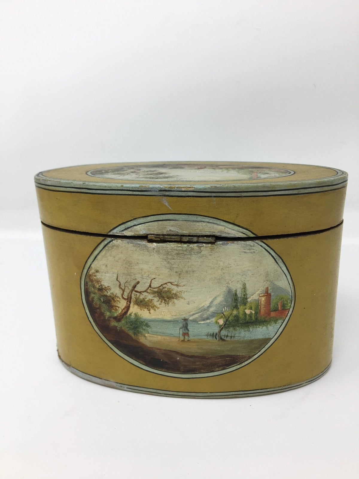 Fine Oval Teacaddy Polychrome, Hand - Painted Landscape c. 1750 - Helen Storey Antiques