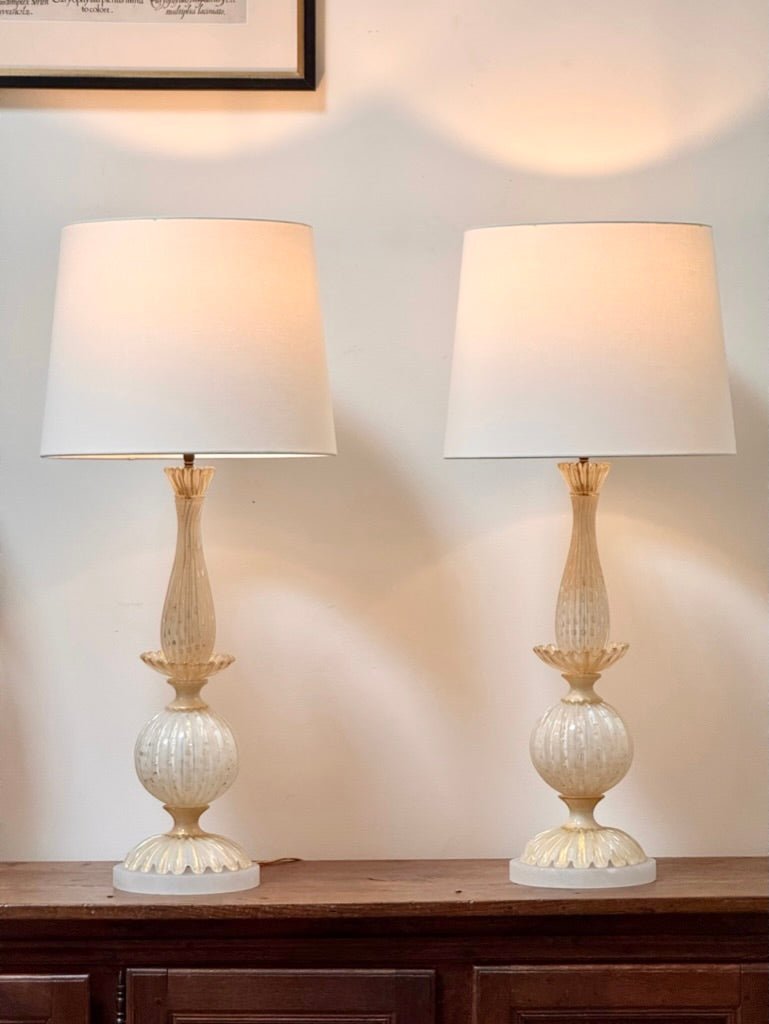 Fine pair of Cream White Murano lamps, c. 1960 - Helen Storey Antiques