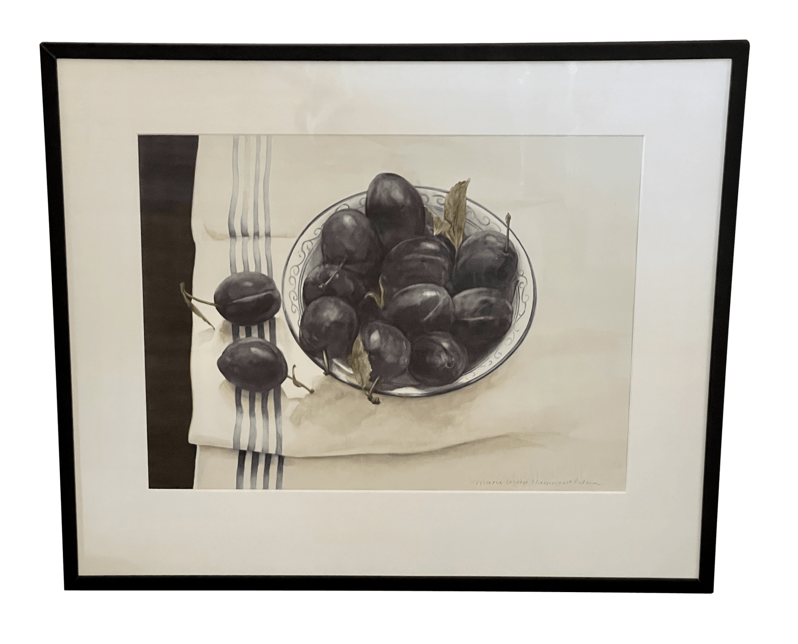 Fine watercolor of plums, linen, contemporary Dutch artist