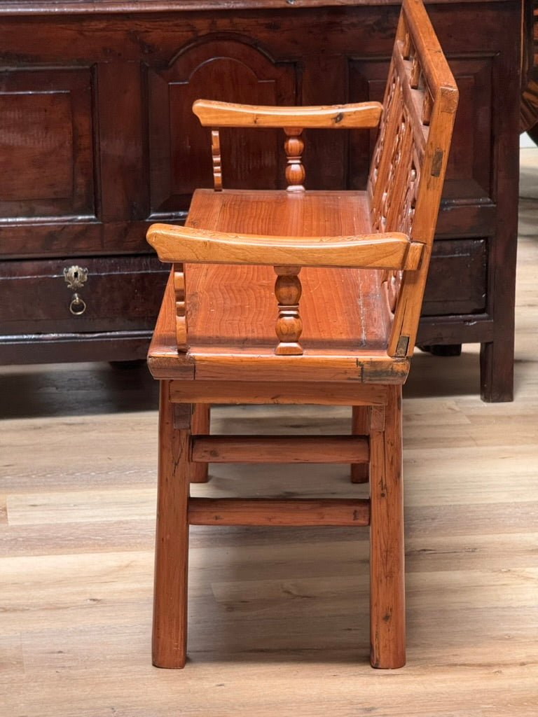 Finely carved Chinese elmwood bench, late Qing Dynasty, circa 1880 - Helen Storey Antiques
