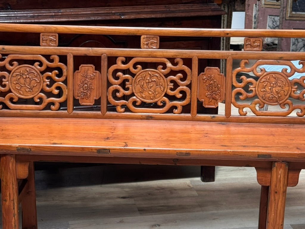 Finely carved Chinese elmwood bench, late Qing Dynasty, circa 1880 - Helen Storey Antiques
