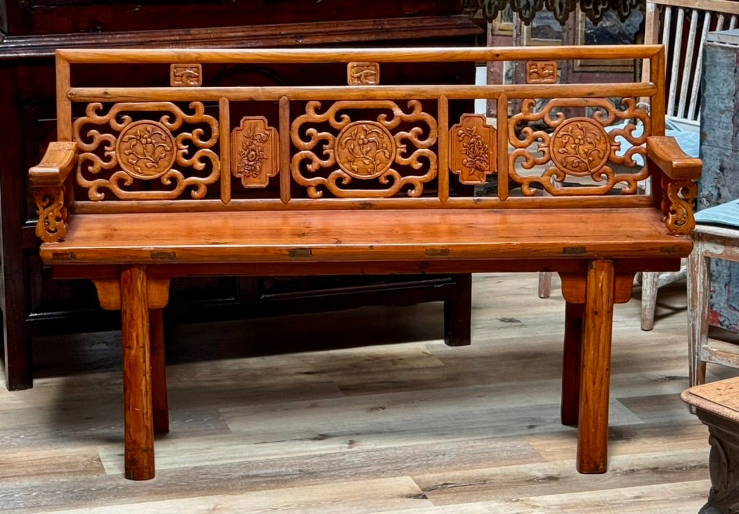 Finely carved Chinese elmwood bench, late Qing Dynasty, circa 1880 - Helen Storey Antiques