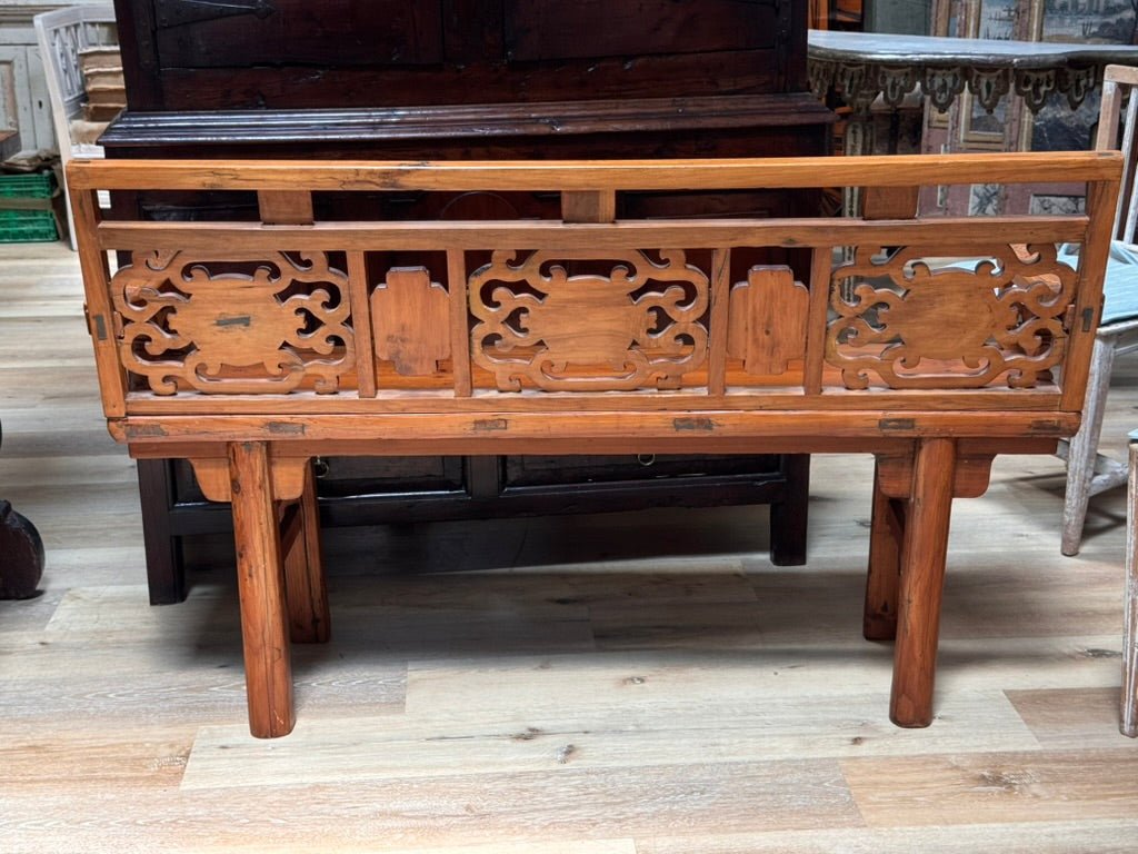 Finely carved Chinese elmwood bench, late Qing Dynasty, circa 1880 - Helen Storey Antiques