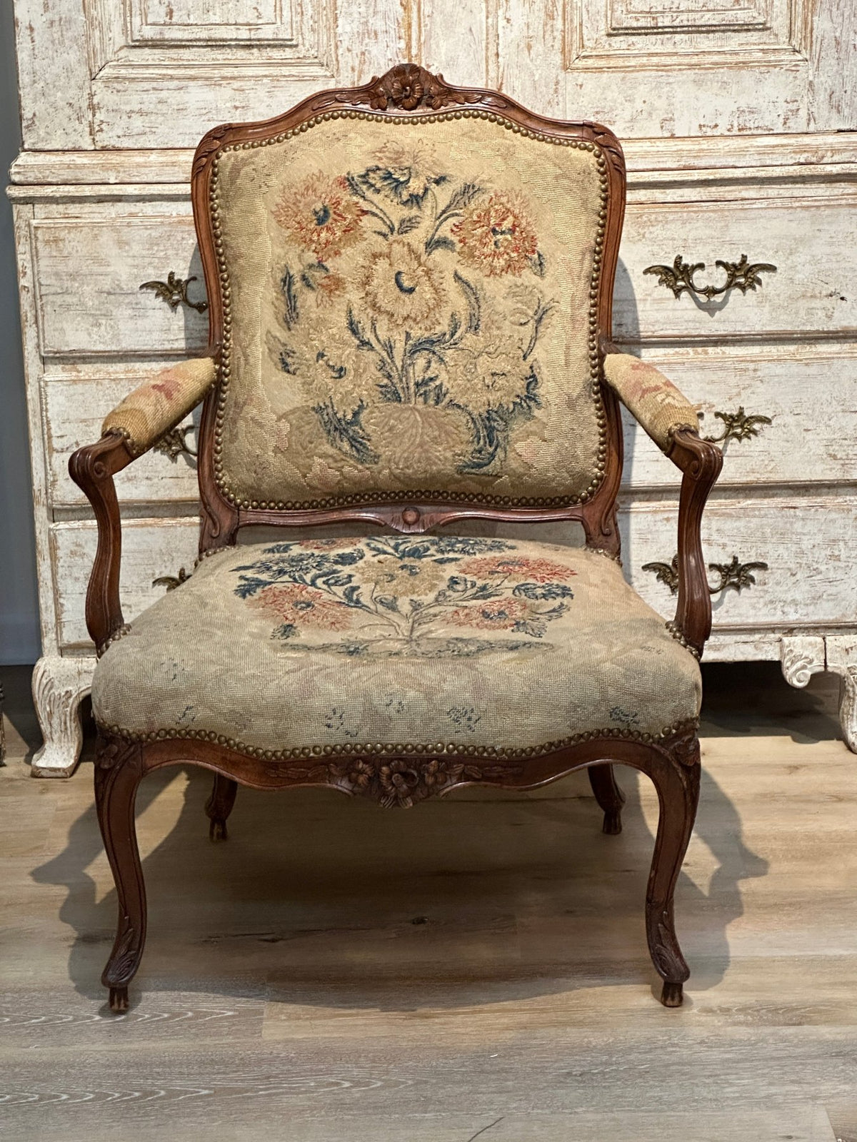 Four 18th Century Louis XV Carved Needlework &amp; Tapestry Upholstered Fauteuils - Helen Storey Antiques