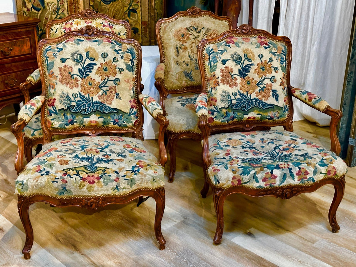 Four 18th Century Louis XV Carved Needlework &amp; Tapestry Upholstered Fauteuils - Helen Storey Antiques