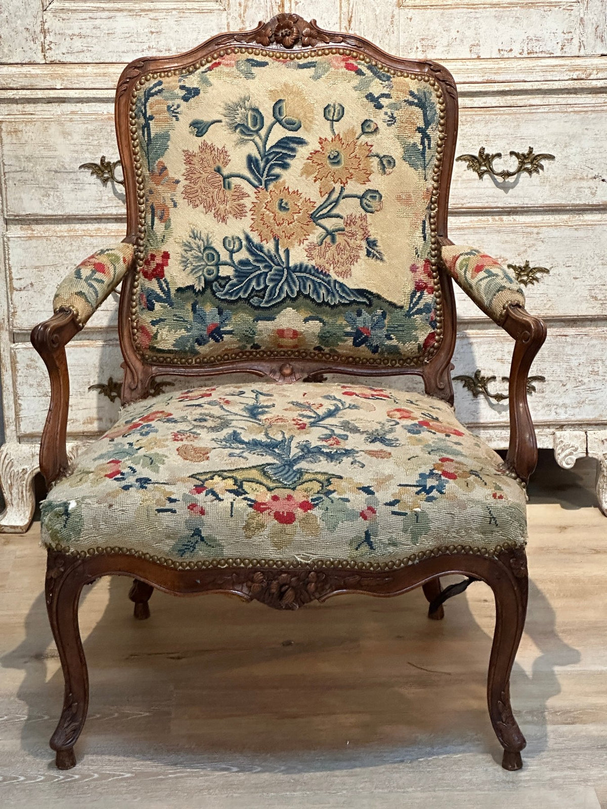 Four 18th Century Louis XV Carved Needlework &amp; Tapestry Upholstered Fauteuils - Helen Storey Antiques