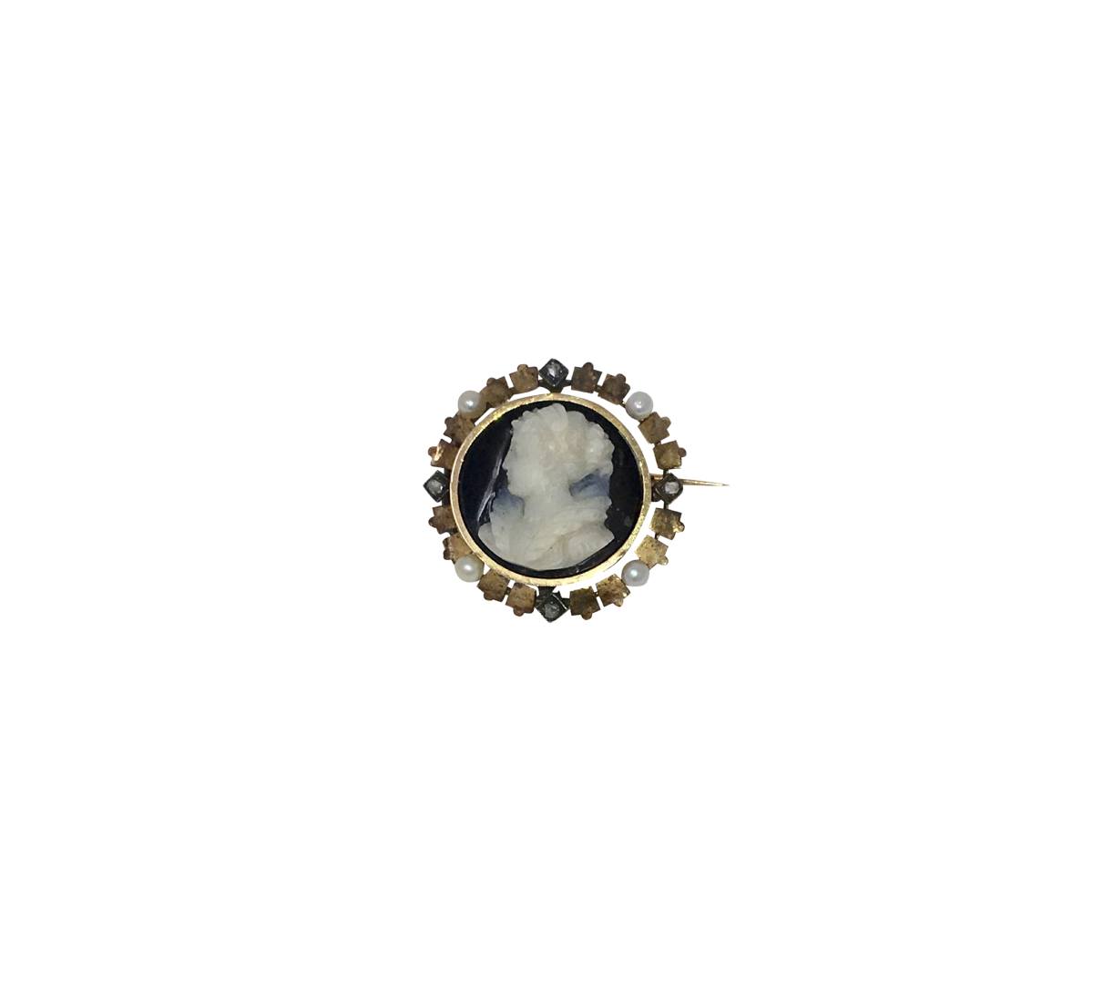 French 19th Century Diamond & Pearl Cameo Brooch