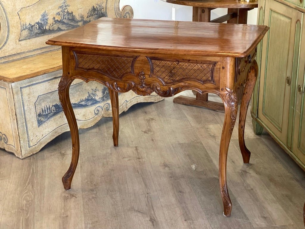 FRENCH PROVINCIAL CARVED WALNUT TWO DRAWER TABLE CIRCA 1800 - Helen Storey Antiques