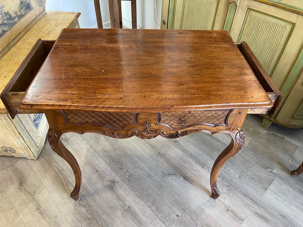 FRENCH PROVINCIAL CARVED WALNUT TWO DRAWER TABLE CIRCA 1800 - Helen Storey Antiques