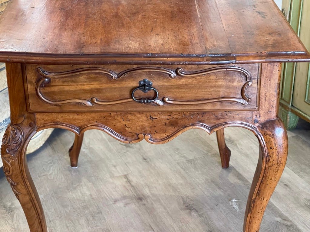 FRENCH PROVINCIAL CARVED WALNUT TWO DRAWER TABLE CIRCA 1800 - Helen Storey Antiques