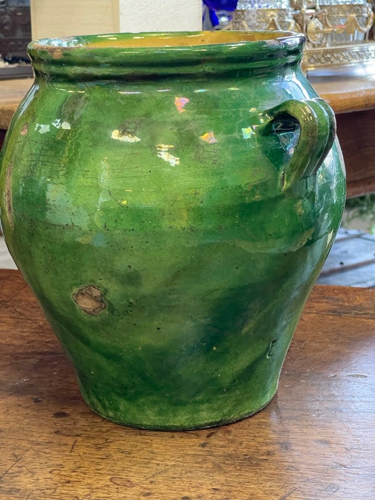 French Provincial green glazed confit jar, vintage - Helen Storey Antiques