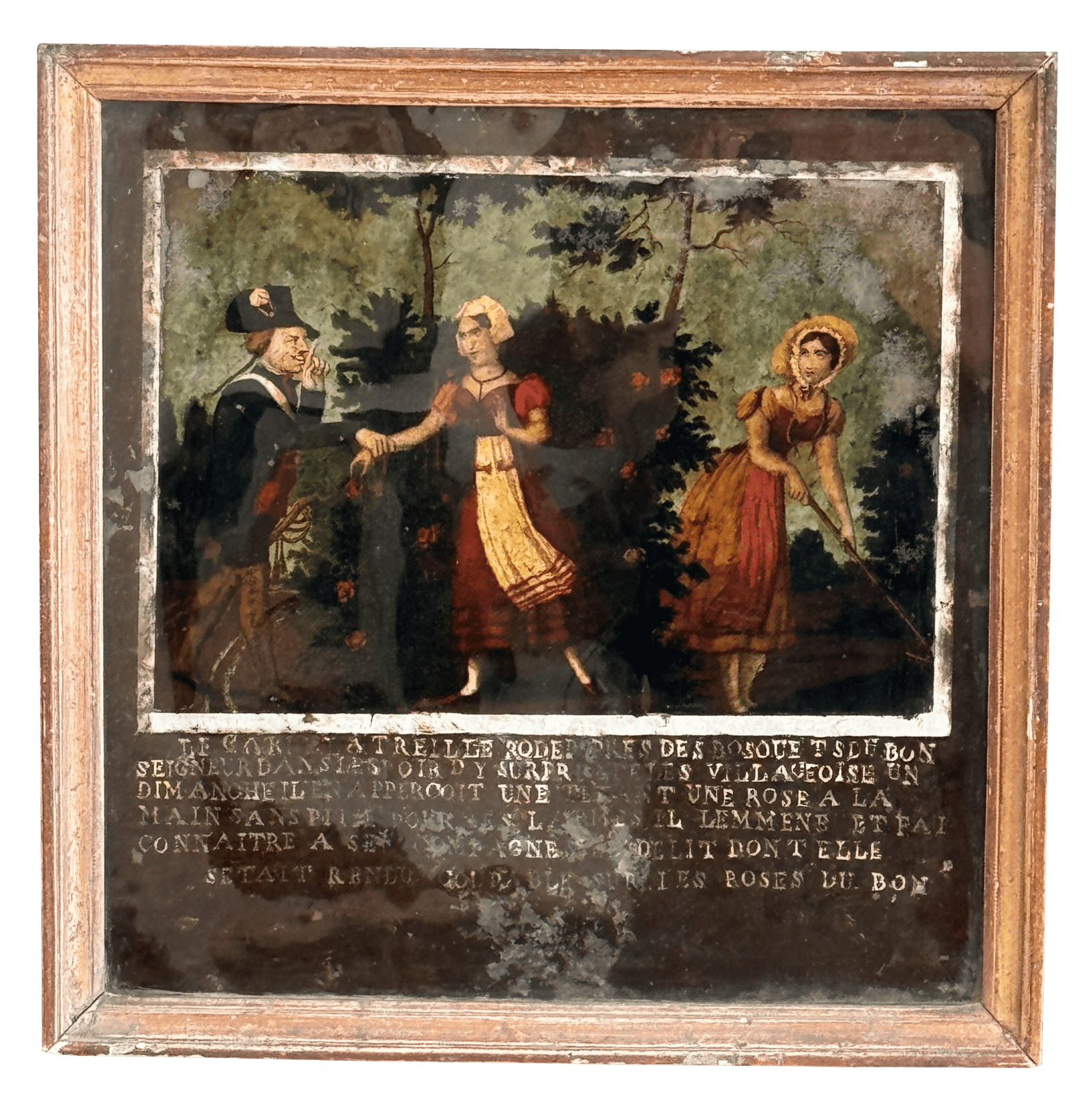 French Reverse Glass Engraving, Framed, 18th Century