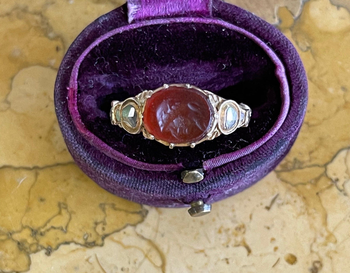 Georgian INTAGLIO CARNELIAN DIAMOND &amp; 9KT GOLD RING - Helen Storey Antiques