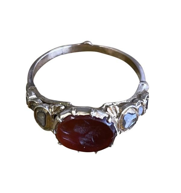 Georgian INTAGLIO CARNELIAN DIAMOND &amp; 9KT GOLD RING - Helen Storey Antiques