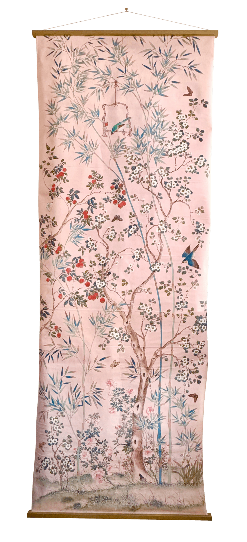 Hand-painted Chinoiserie Wallpaper Panel, Pale Pink background, Likely Gracie