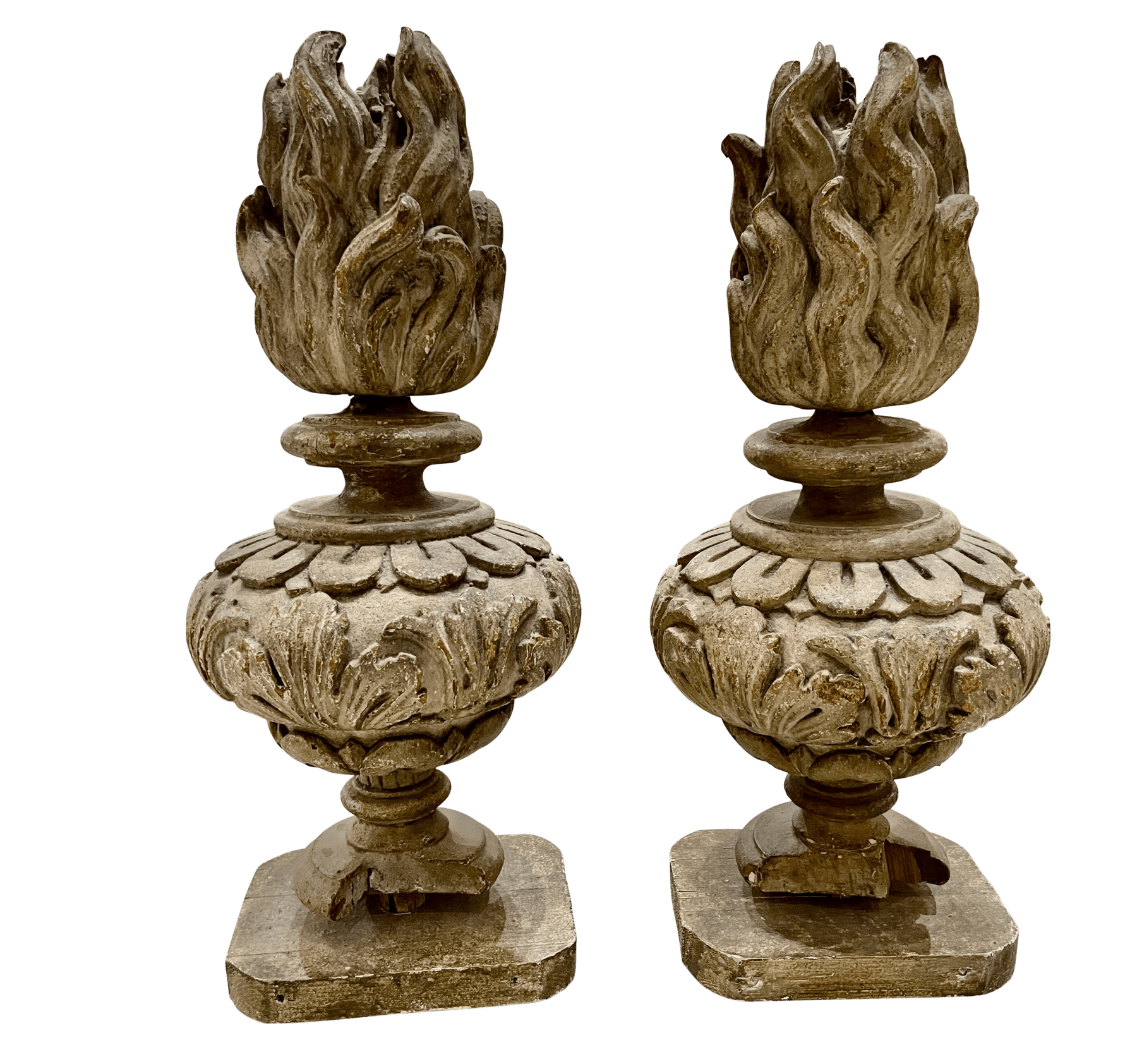 Italian carved wood flame urns, 18th Century