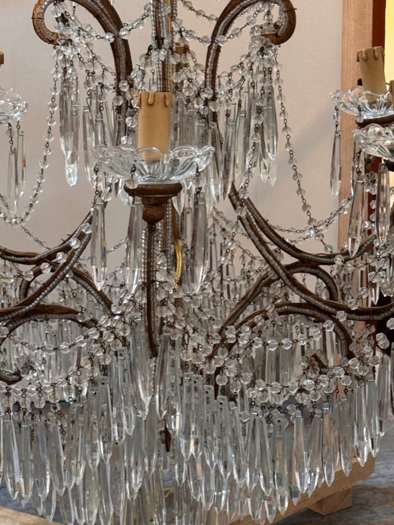 Italian Cascading crystal, beads, and gilded iron chandelier - Helen Storey Antiques