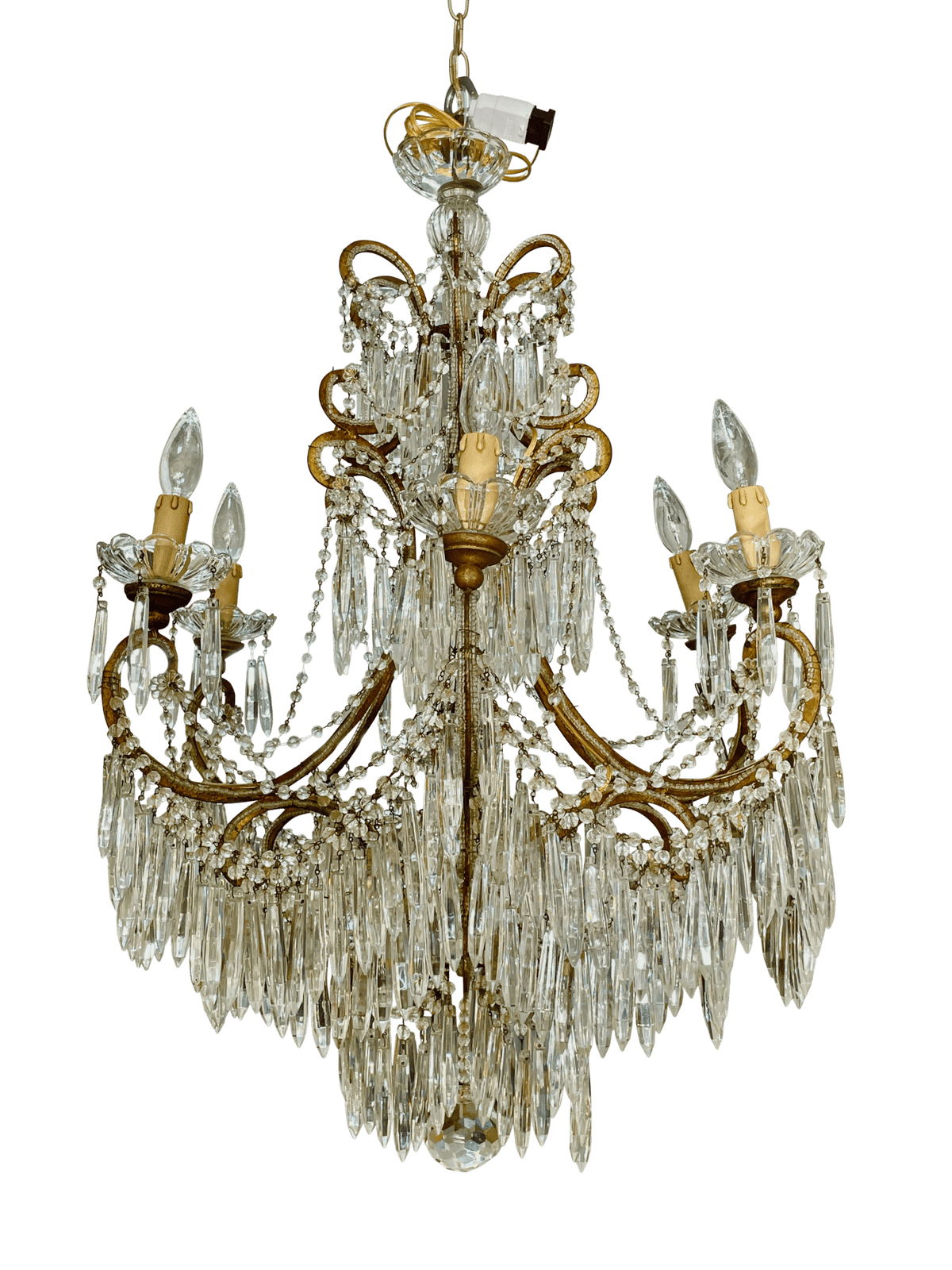 Italian Cascading crystal, beads, and gilded iron chandelier - Helen Storey Antiques