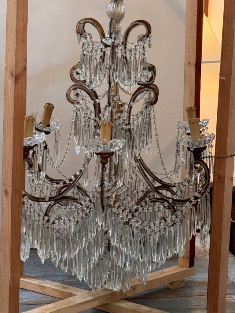Italian Cascading crystal, beads, and gilded iron chandelier - Helen Storey Antiques