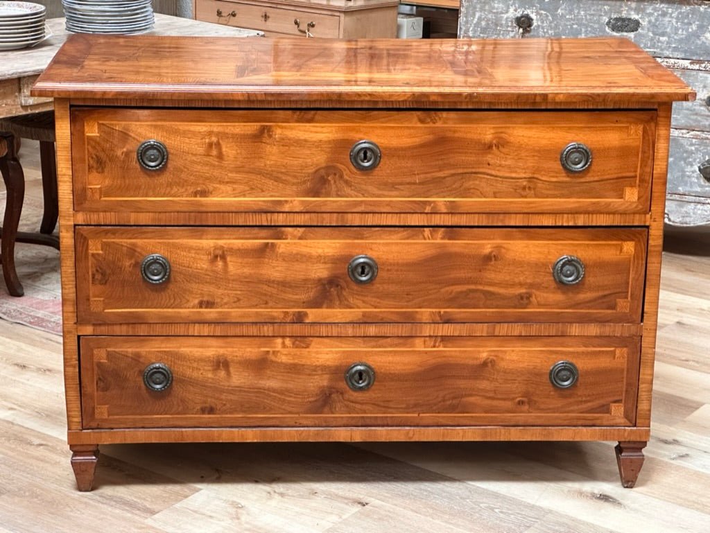 Italian Neoclassical Inlaid Walnut Three Drawer Chest - Helen Storey Antiques