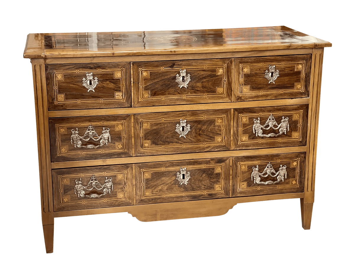 Italian Neoclassical Walnut Olivewood and Marquetry Commode, c. 1820 - Helen Storey Antiques