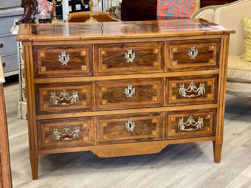 Italian Neoclassical Walnut Olivewood and Marquetry Commode, c. 1820 - Helen Storey Antiques