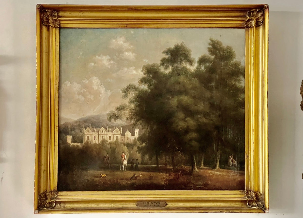 Jan Wyck (Dutch 18th Century) Oil on Canvas, Castle and Hunt Scene - Helen Storey Antiques