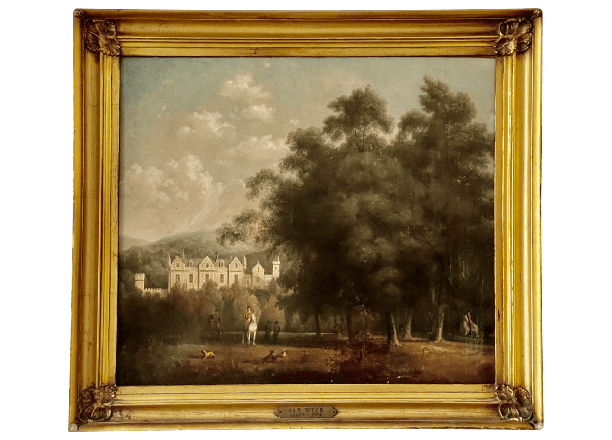 Jan Wyck (Dutch 18th Century) Oil on Canvas, Castle and Hunt Scene - Helen Storey Antiques