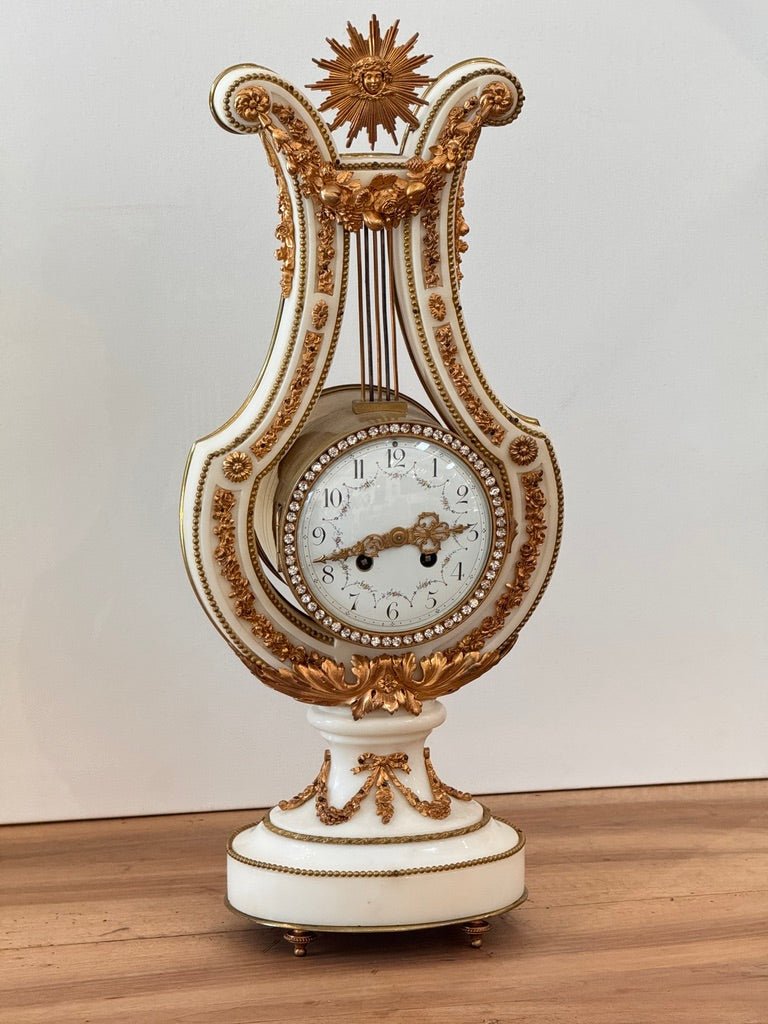 Jeweled Lyre Marble Mantel Clock, France, late 19th century - Helen Storey Antiques