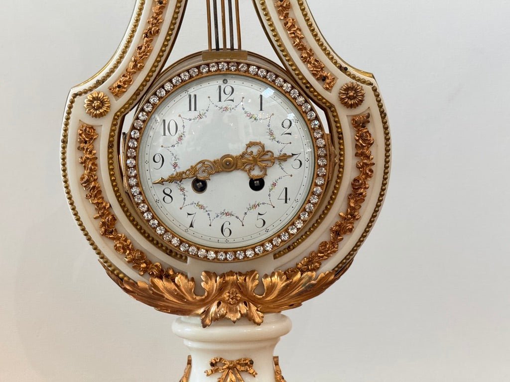 Jeweled Lyre Marble Mantel Clock, France, late 19th century - Helen Storey Antiques