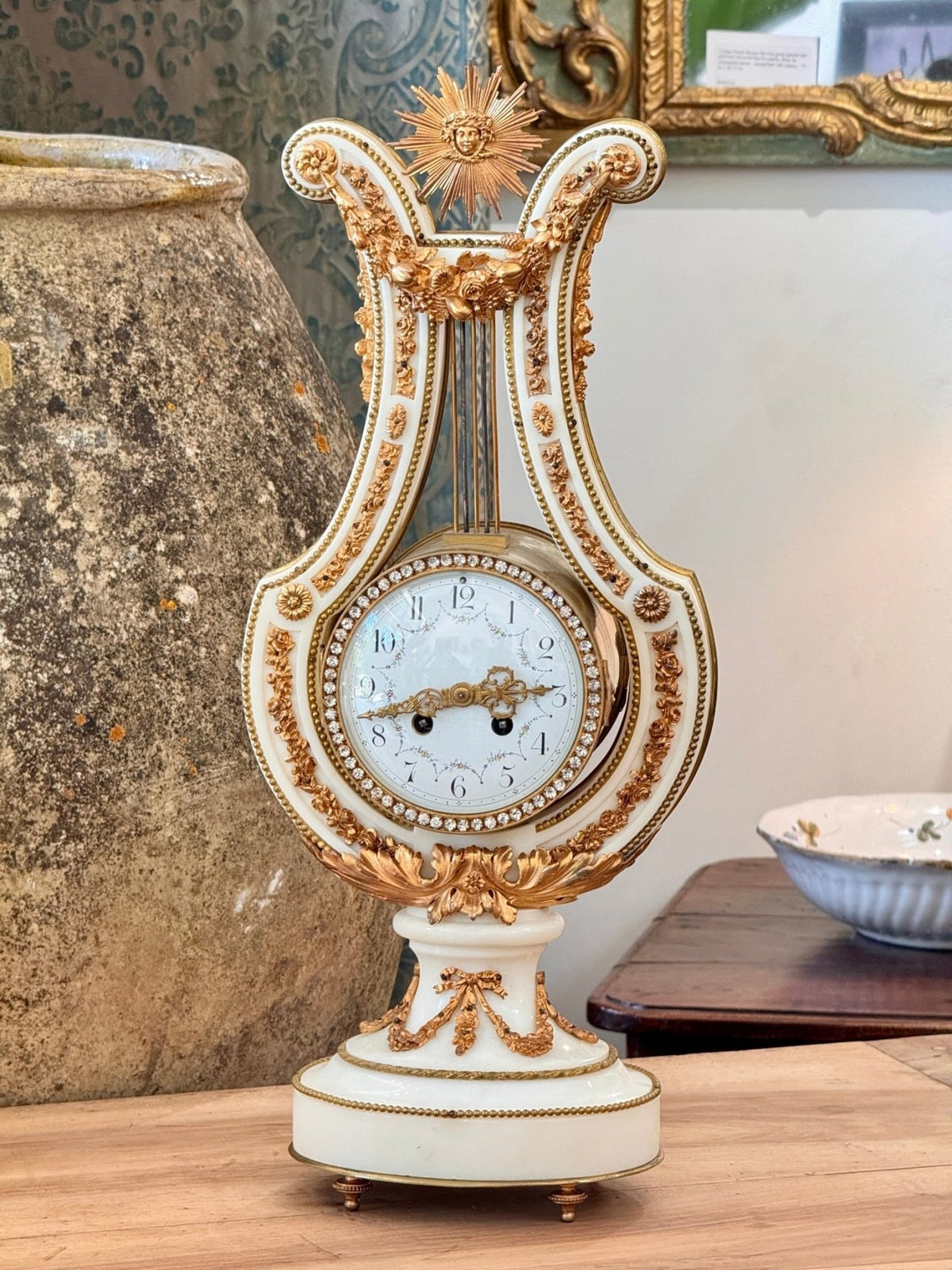 Jeweled Lyre Marble Mantel Clock, France, late 19th century - Helen Storey Antiques