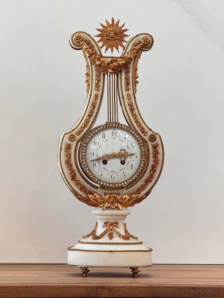 Jeweled Lyre Marble Mantel Clock, France, late 19th century - Helen Storey Antiques