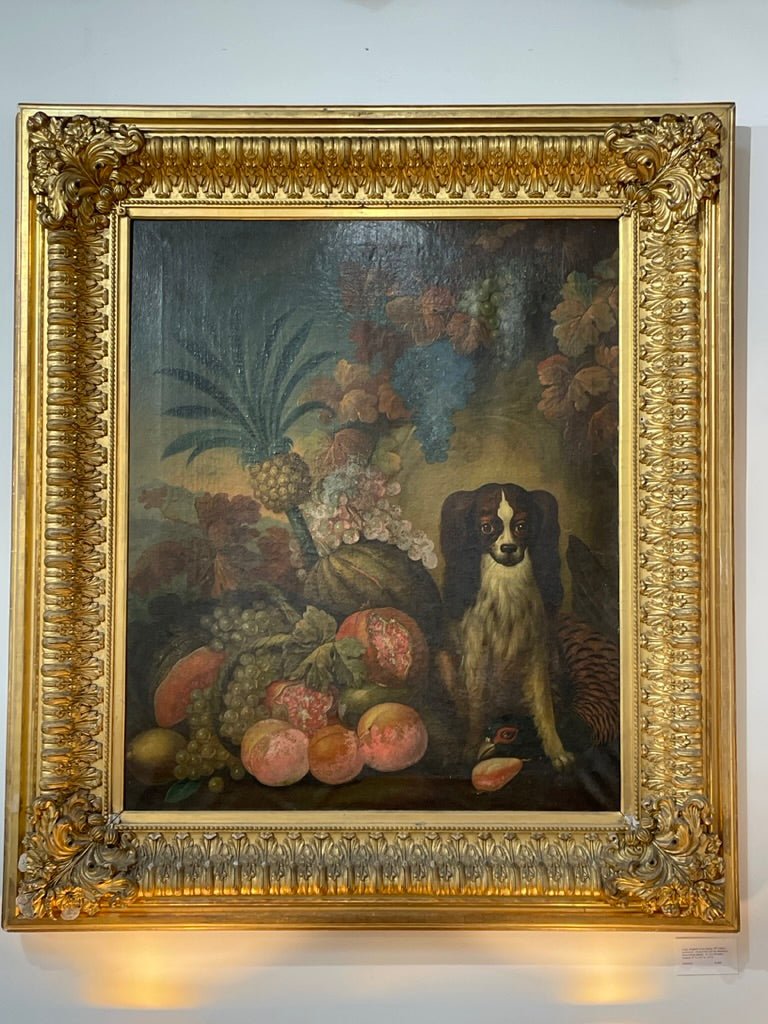 King Charles Spaniel and Tropical still life, Oil on Canvas, 18th - 19th Century - Helen Storey Antiques