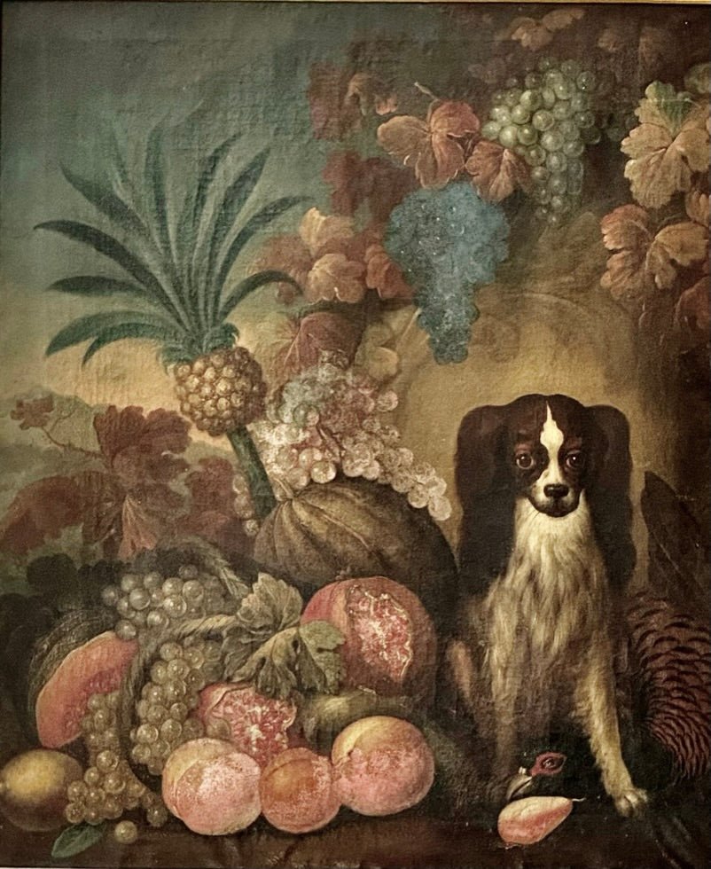 King Charles Spaniel and Tropical still life, Oil on Canvas, 18th - 19th Century - Helen Storey Antiques