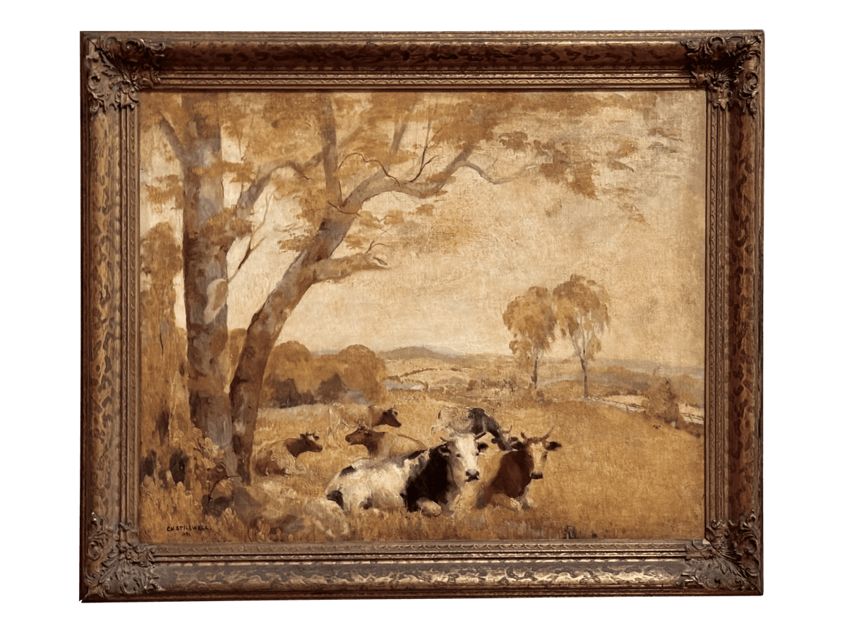 Landscape with Cows - Charles Stillwell Oil Painting - Helen Storey Antiques