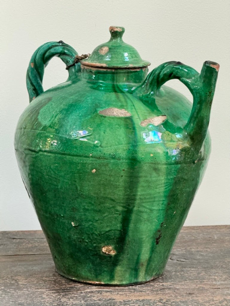 Large 19th Century French Provincial Green Pitcher with Lid - Helen Storey Antiques