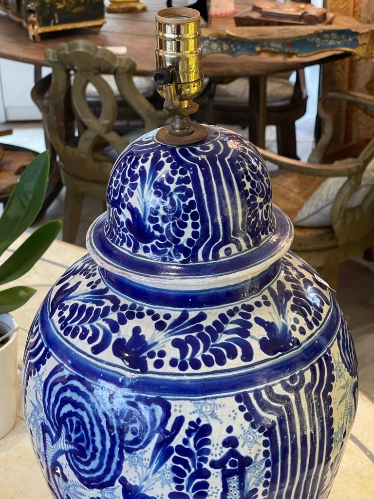 LARGE 19TH CENTURY TALAVERA POBLANA COVERED JAR Mounted as a Lamp - Helen Storey Antiques