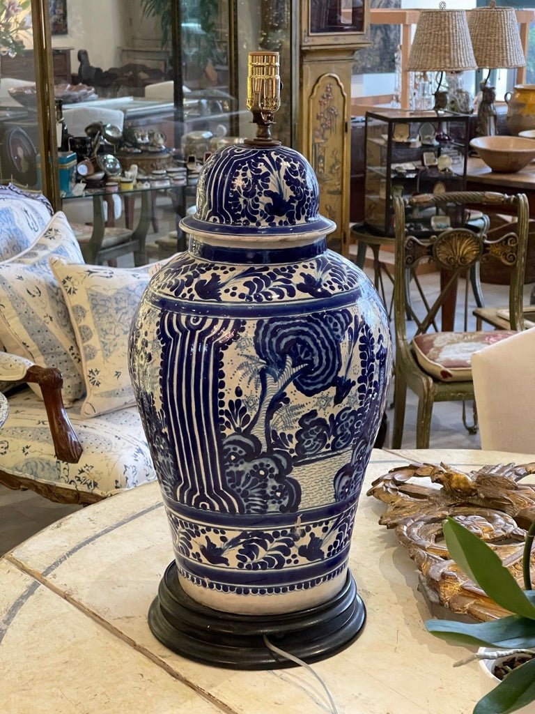 LARGE 19TH CENTURY TALAVERA POBLANA COVERED JAR Mounted as a Lamp - Helen Storey Antiques