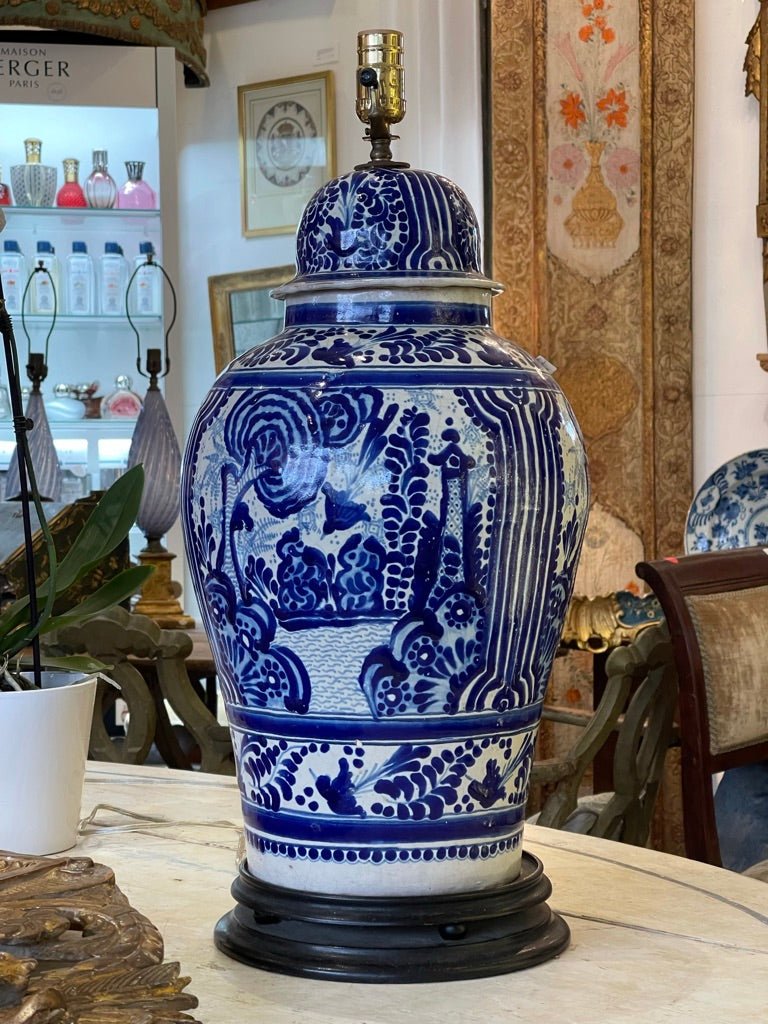 LARGE 19TH CENTURY TALAVERA POBLANA COVERED JAR Mounted as a Lamp - Helen Storey Antiques