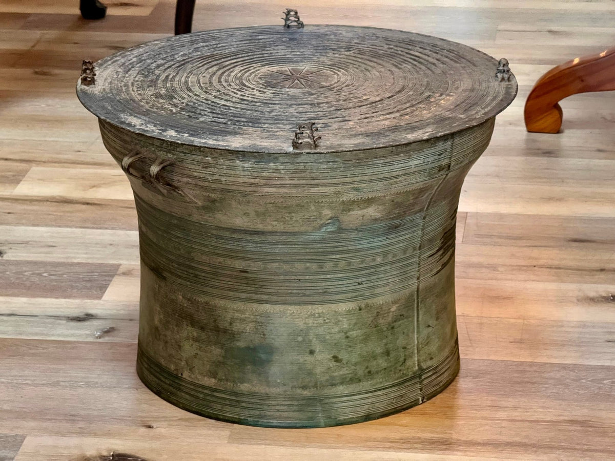 Large Bronze Antique Burmese Karen Frog Rain Drum, Highly Detailed - Side Table - Helen Storey Antiques